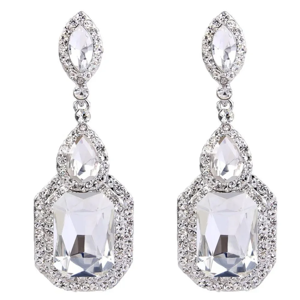 Silver with White Diamond Austrian Crystal Infinity Chandelier Post Earrings